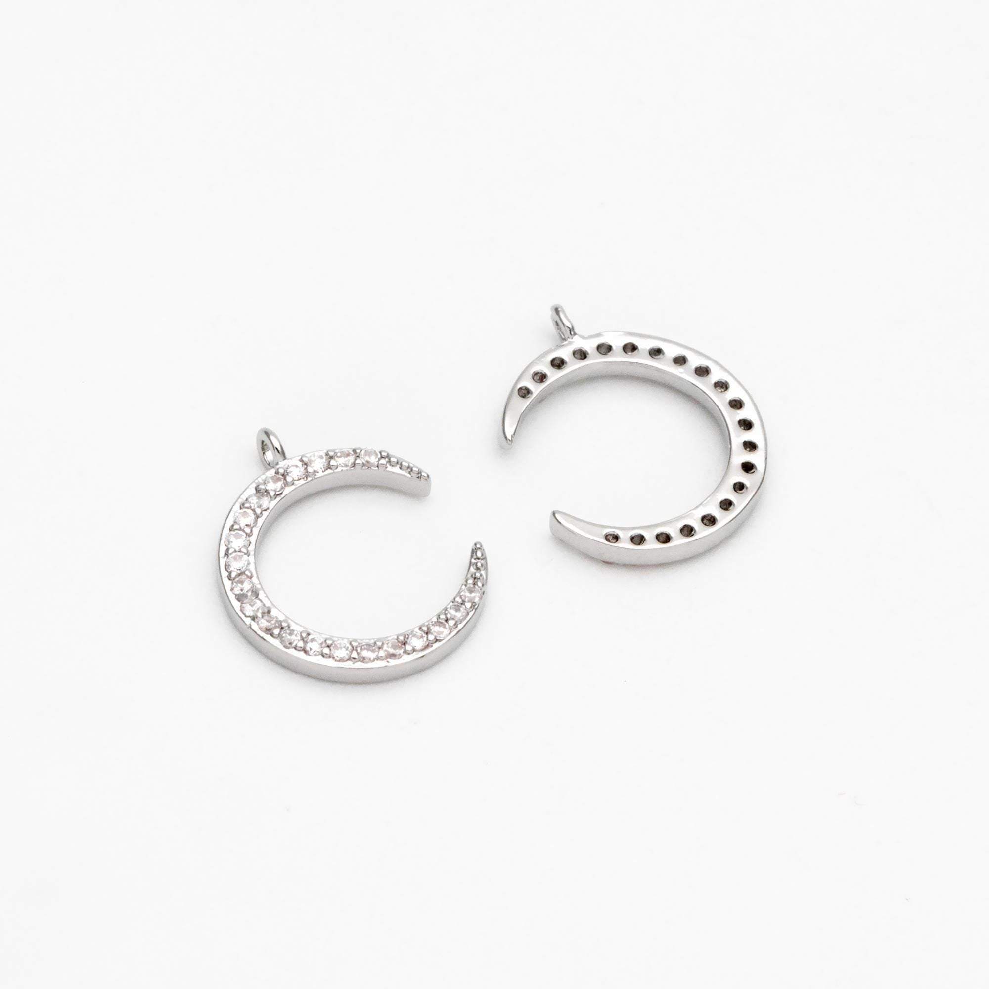 10pcs CZ Pave Moon Charms: Gold/ Rhodium/ Rose Gold Plated Brass Crescent Pendants (GB-618-G)